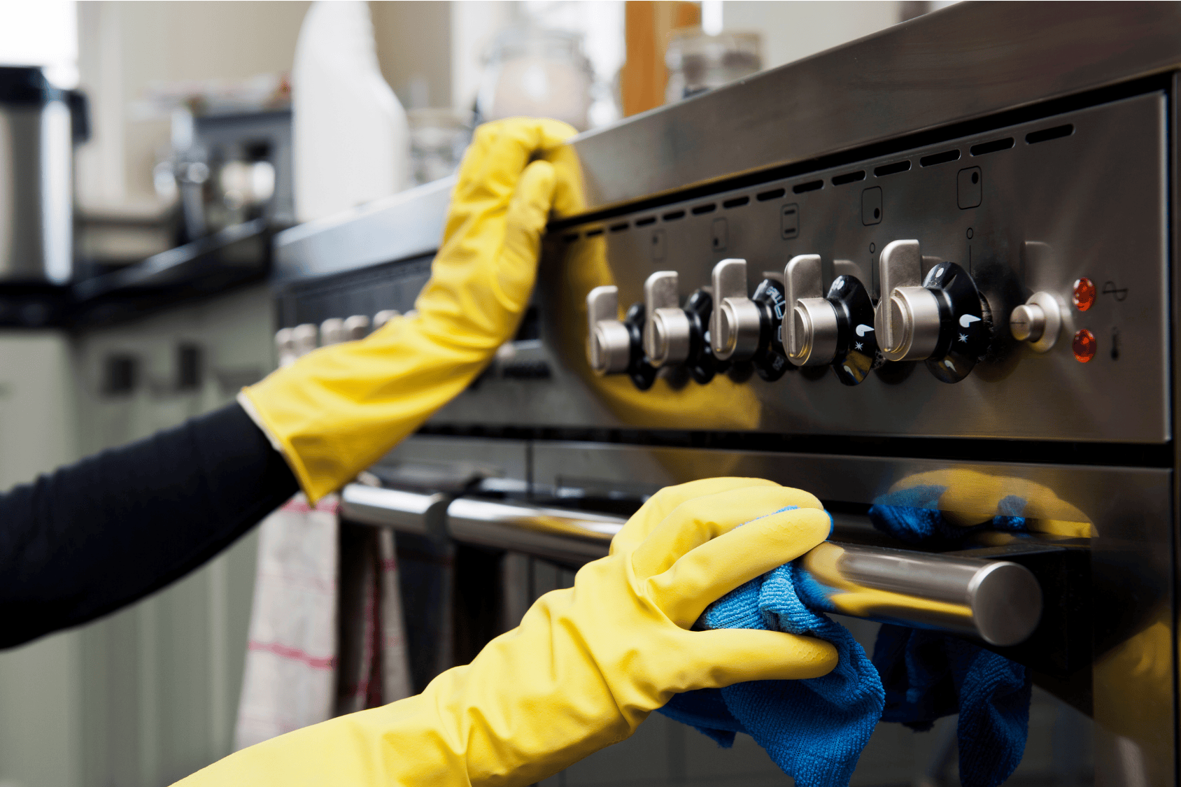 A person cleaning the stove in the kitchen.
