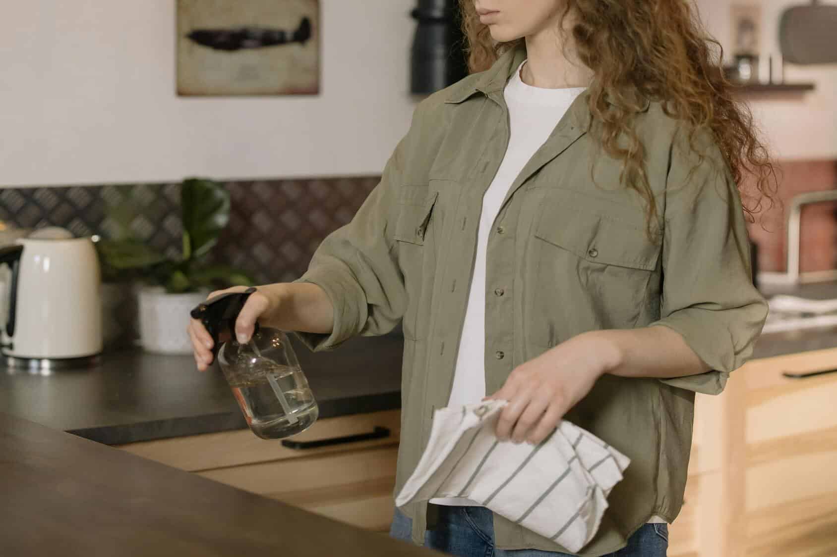 A woman holding a spray cleaner and a cloth