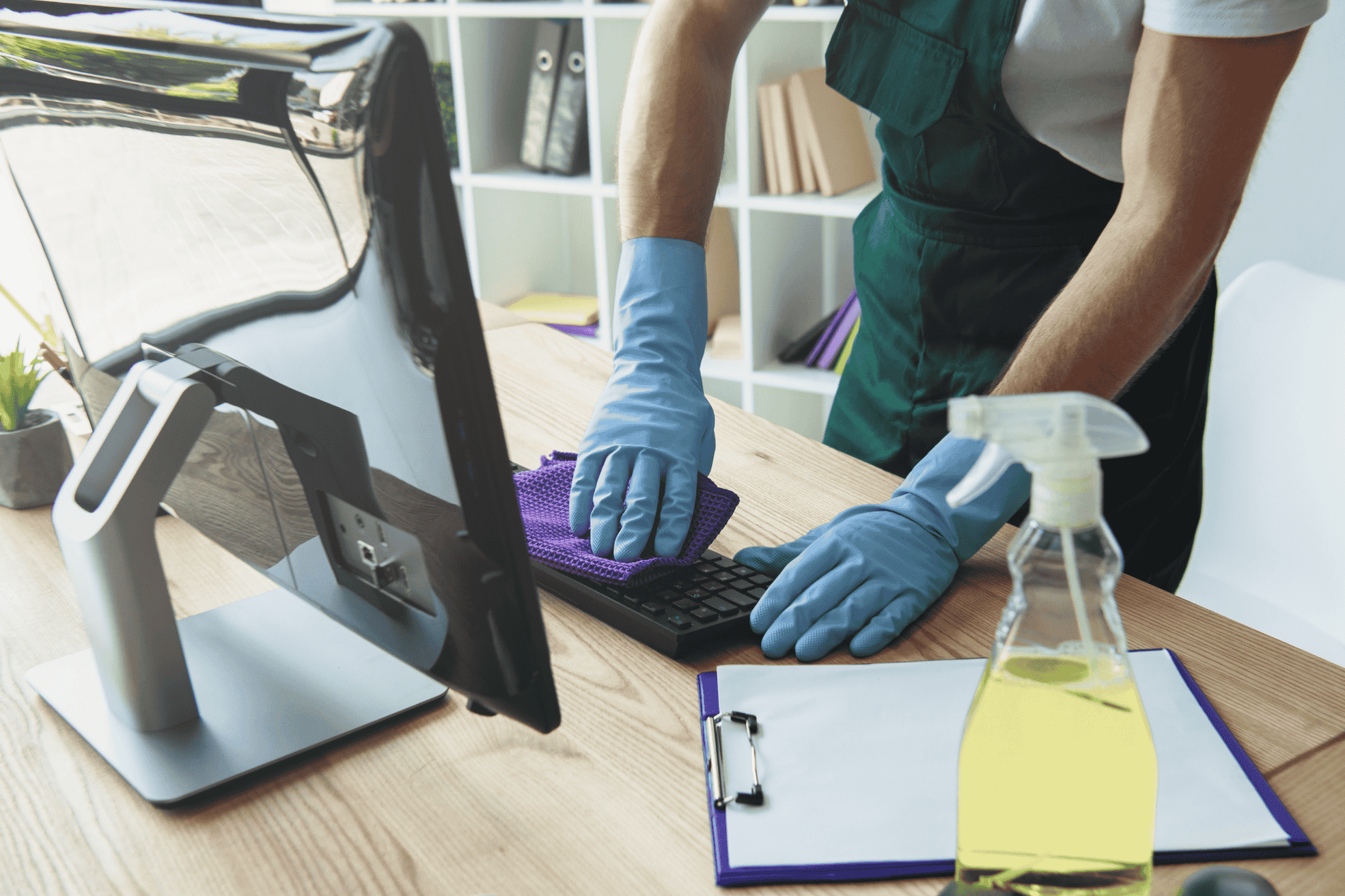A person cleaning the keyboard in an office