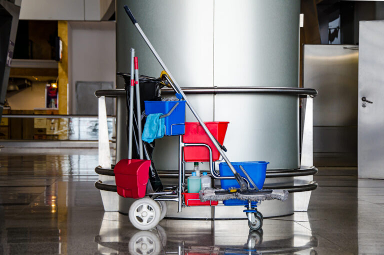 Commercial cleaning trolley and equipment at a Canberra workplace