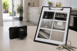 A camera, a clipboard showing home inspection photos, and a set of keys placed on a kitchen counter.