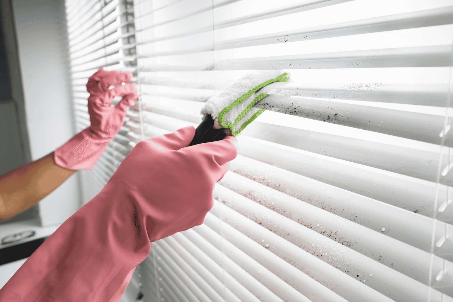 A person wearing pink gloves Cleaning blinds