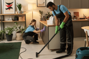 Two cleaners vacuuming a room during end-of-lease cleaning in Canberra
