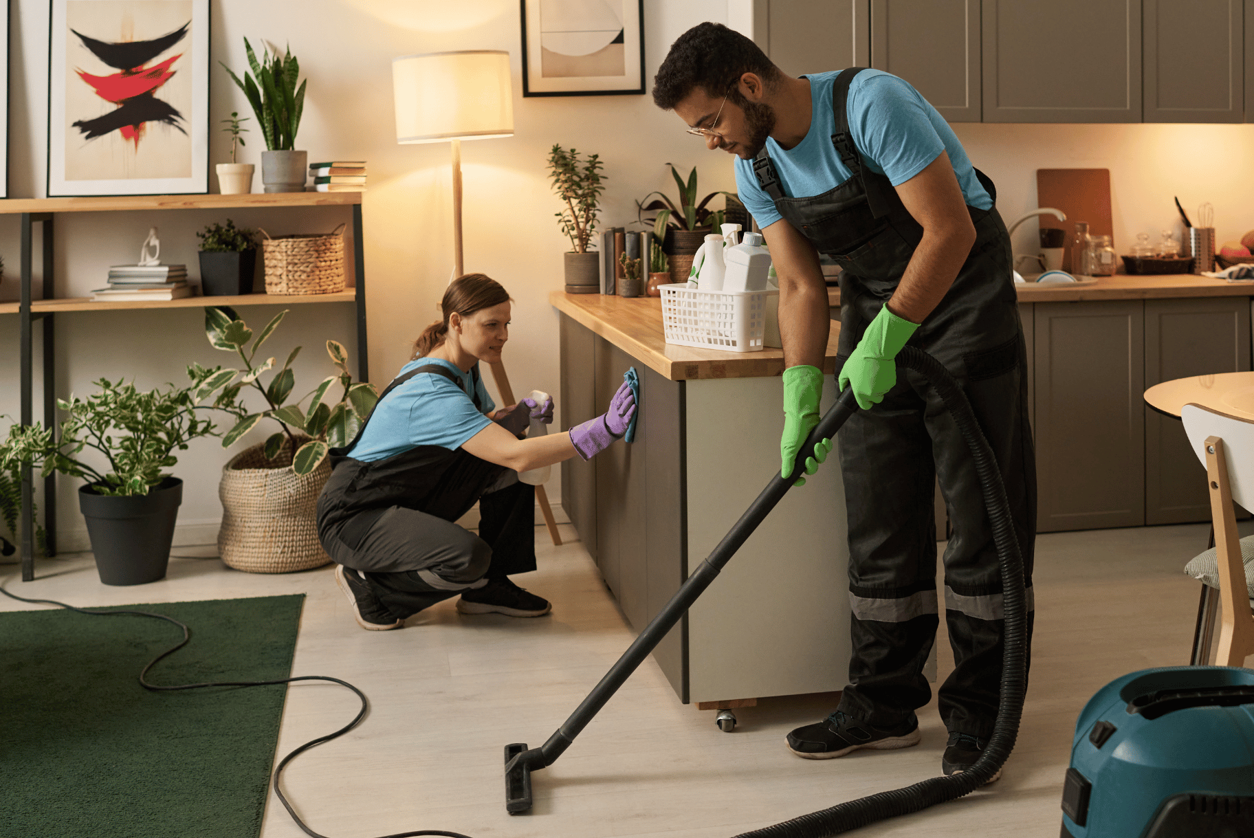 Two cleaners vacuuming a room during end-of-lease cleaning in Canberra