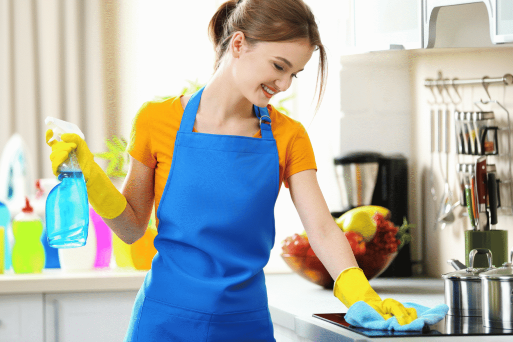 A person in a blue apron cleaning a kitchen counter.