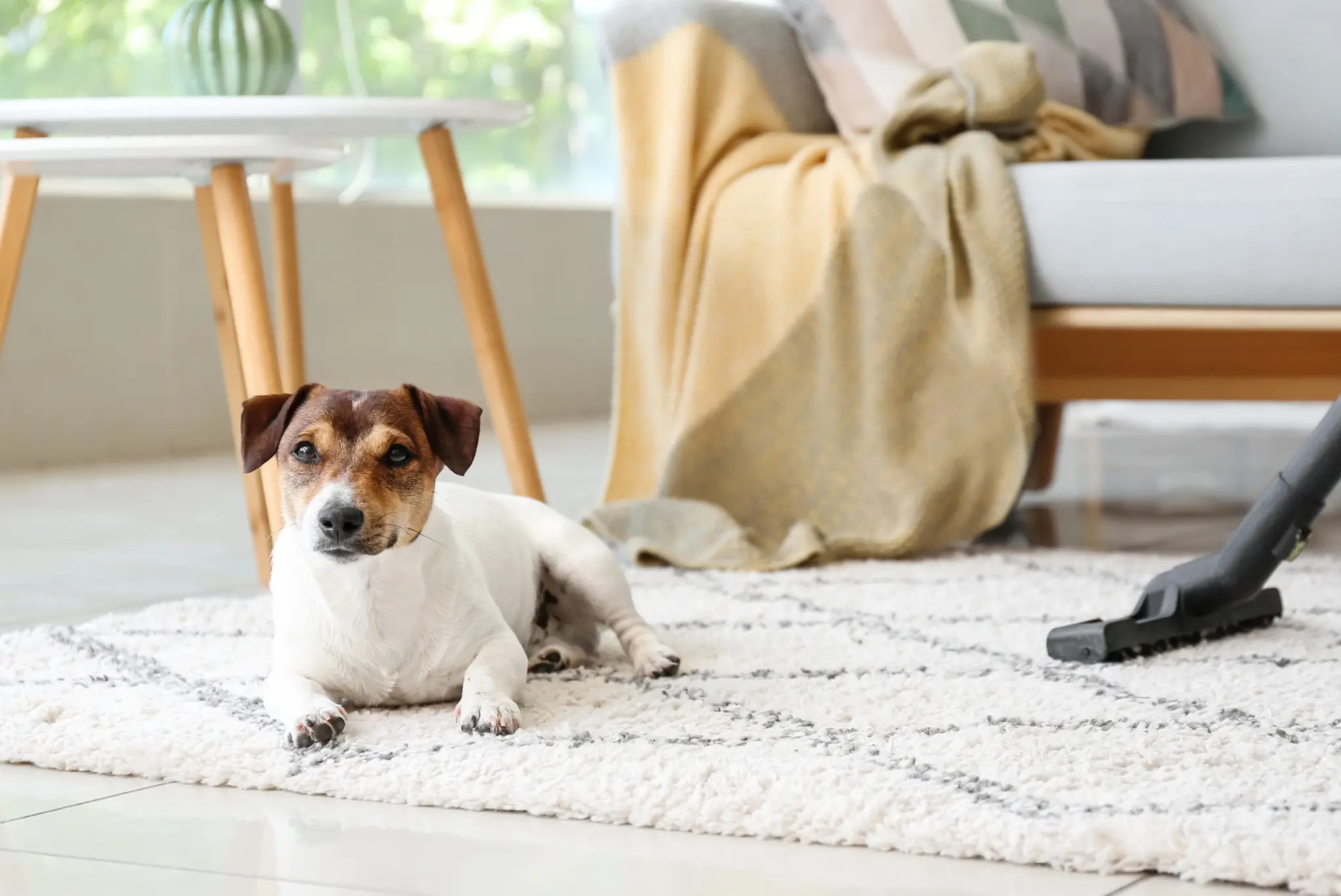 Small dog resting on a soft rug while a vacuum cleaner sits nearby.